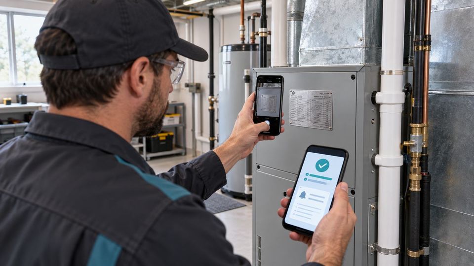 A technician photographs an equipment rating plate with one phone while holding a second phone that shows a confirmation screen.