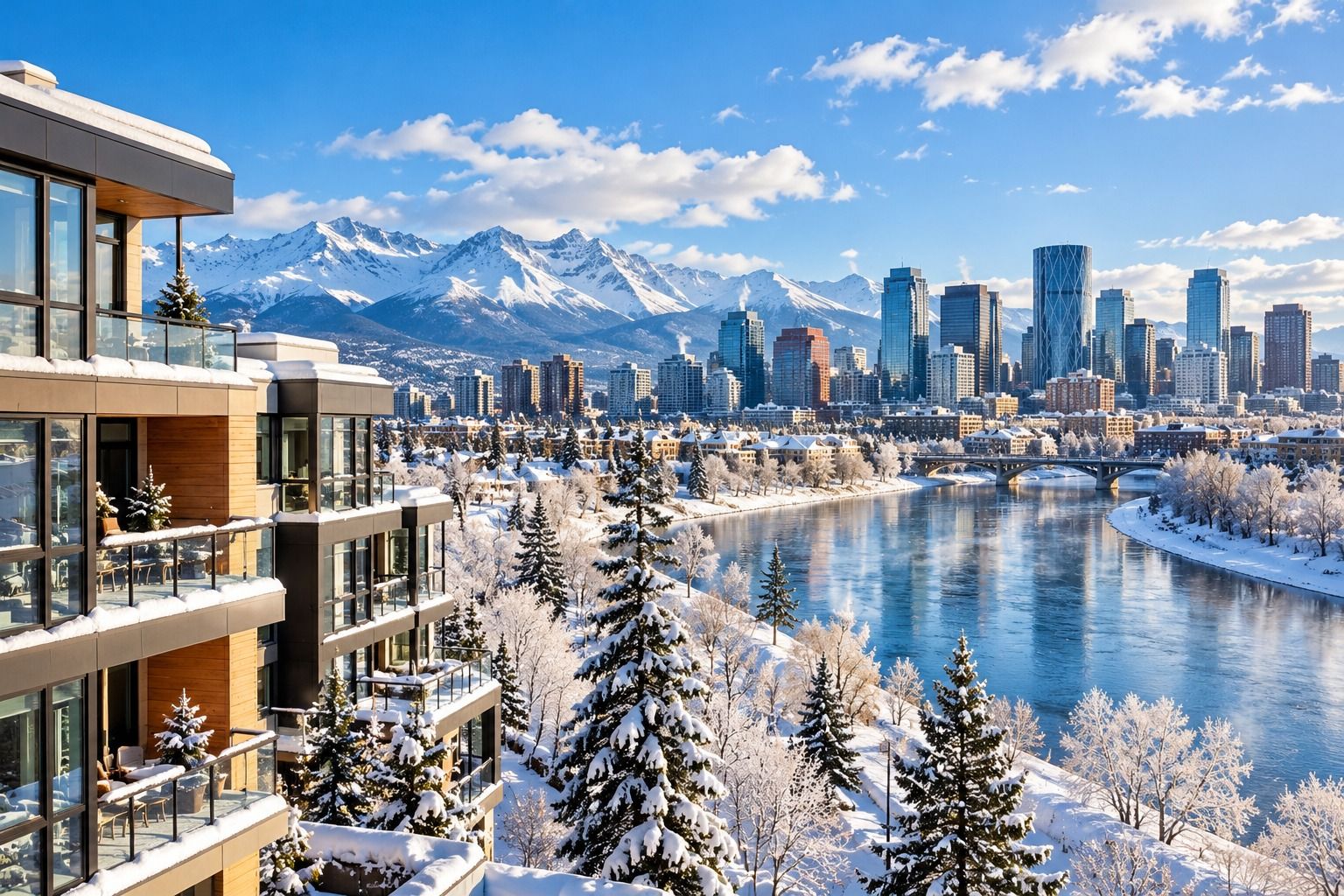 An illustration of a river city on a bright, cold winter day, with snow-covered trees, downtown towers and snow-capped mountains.