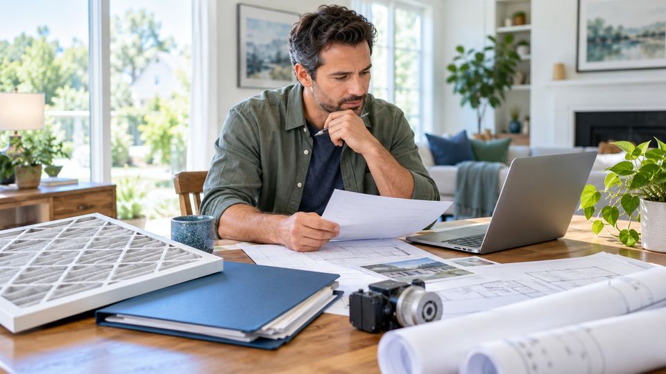 A homeowner at a kitchen table reviewing building papers, with a furnace filter, a binder of records and house plans.