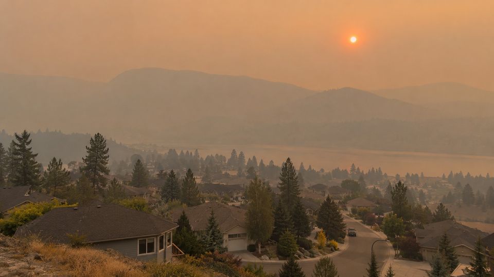 An orange sun through heavy smoke haze over a hillside neighbourhood and forest.