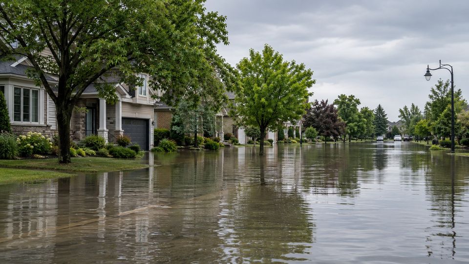 Standing floodwater across a tree-lined residential street.