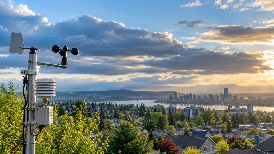 A small weather station on a hilltop overlooking a city, a river and distant mountains under a big sky.