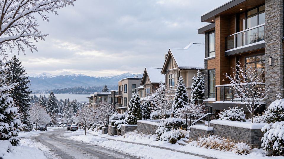 Fresh snow on a row of modern townhouses, their steps and the evergreens in front.